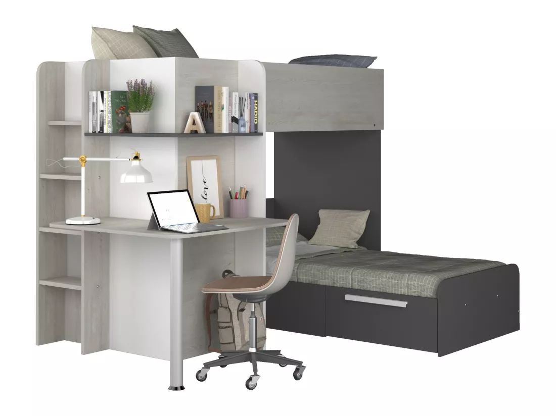 Lits superposés d'angle 2 x 90 x 190 cm - Avec bureau - Gris, blanc et noir - SAMUEL