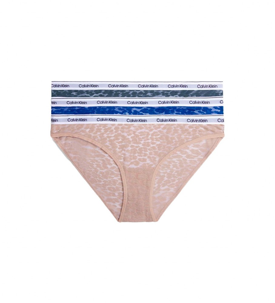Conjunto de 3 calcinhas clássicas de renda Calvin Klein nas cores verde, azul e bege.