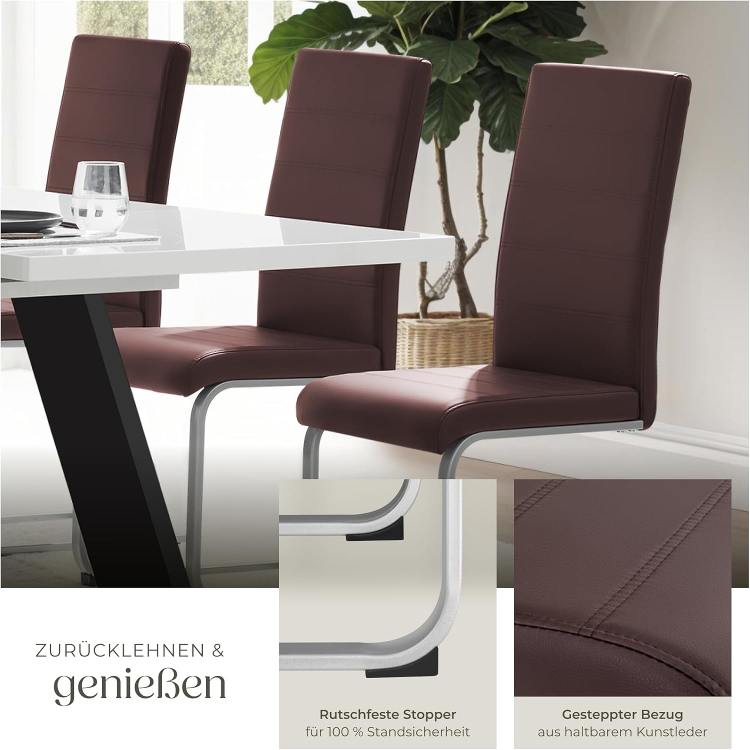 tectake Freischwinger Schwingstuhl, Stuhl 6er Set, Moderne Esszimmerstühle oder Küchenstühle mit strapazierfähigem Kunstleder Bezug - braun