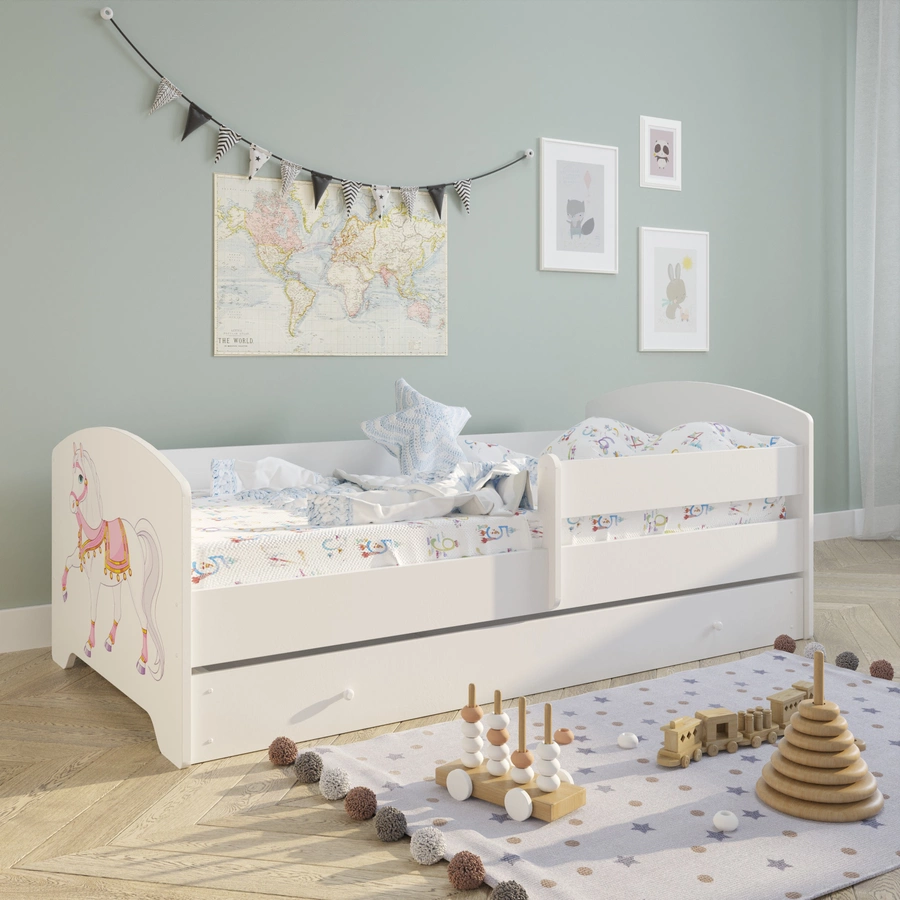 Kids Collective Kinderbett 70x140 | 80x160 cm mit Matratze und Schublade, Rausfallschutz Pferde Motiv