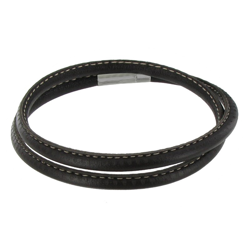 Bracelet Homme Cuir Marron Fin Cousu Fermoir Acier Inoxydable - Classics - Beige