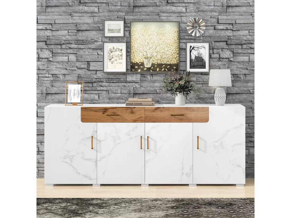 Buffet blanc effet marbre 4 portes 2 tiroirs 208x39,5x80cm ELAD