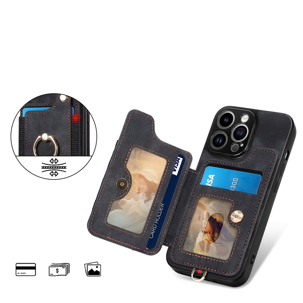 iPhone 14 Pro Max Necklace Leder Hülle mit Kartenfächer   Finger Griff Halterung   Handykette (RFID Schutz) - Schwarz
