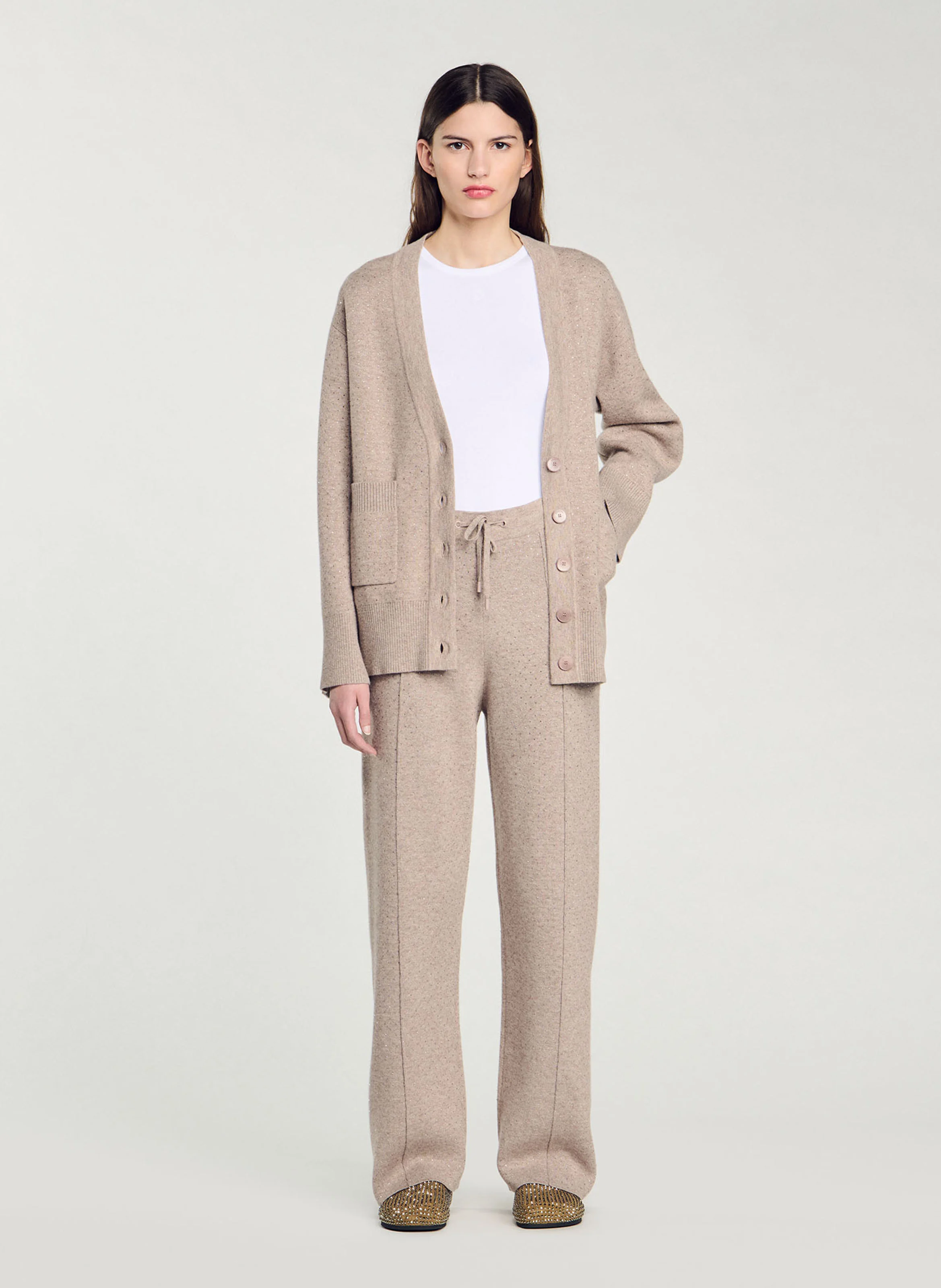 Pantalon large en laine mélangée | Beige