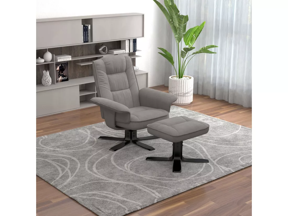 IDIMEX Fauteuil de Relaxation Charly avec Repose-Pieds pouf, siège pivotant et Dossier inclinable en velours côtelé gris/noir
