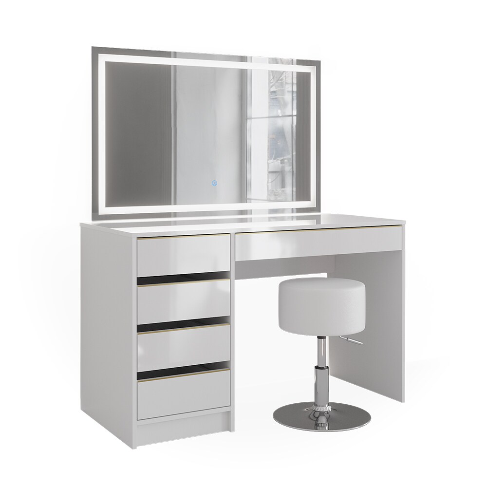 Vicco Schminktisch Sherry Weiß Hochglanz Gold 120 x 75 cm 5 Schubladen LED-Spiegel Hocker