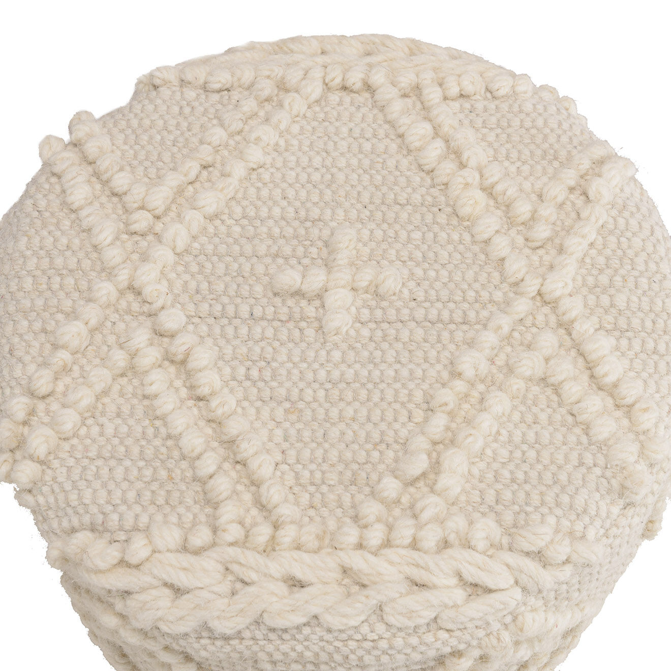 Macabane Tabouret rond en Laine motifs losanges Sacha ivoire - D.40x42 cm