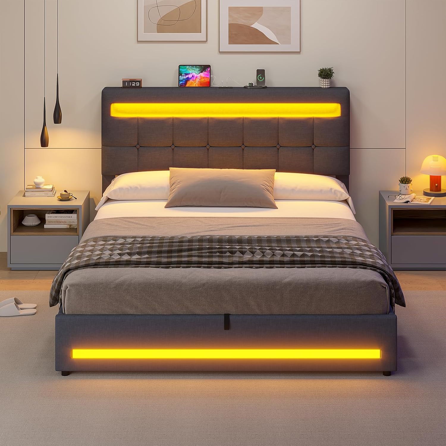 AOGLLATI Hydraulisch Stauraumbett 140×200cm, Polsterbett Doppelbett mit LED und USB-Ladefunktion, Funktionsbett Bettgestell mit Stauraum und Lattenrost, Linen,Ohne Matratze, Dunkelgrau