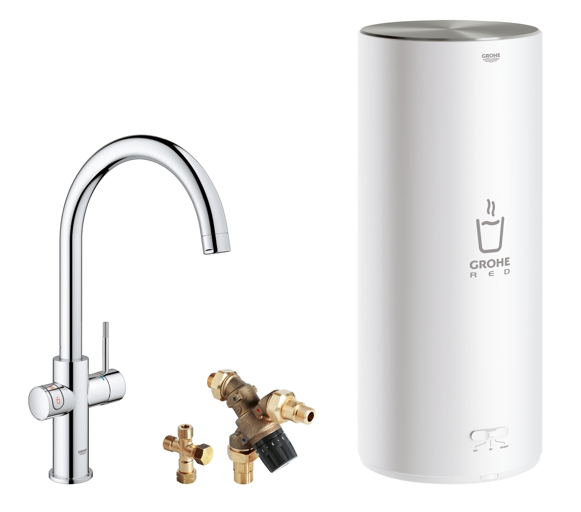 Grohe Red New Duo kokend water kraan met C uitloop en L formaat boiler chroom
