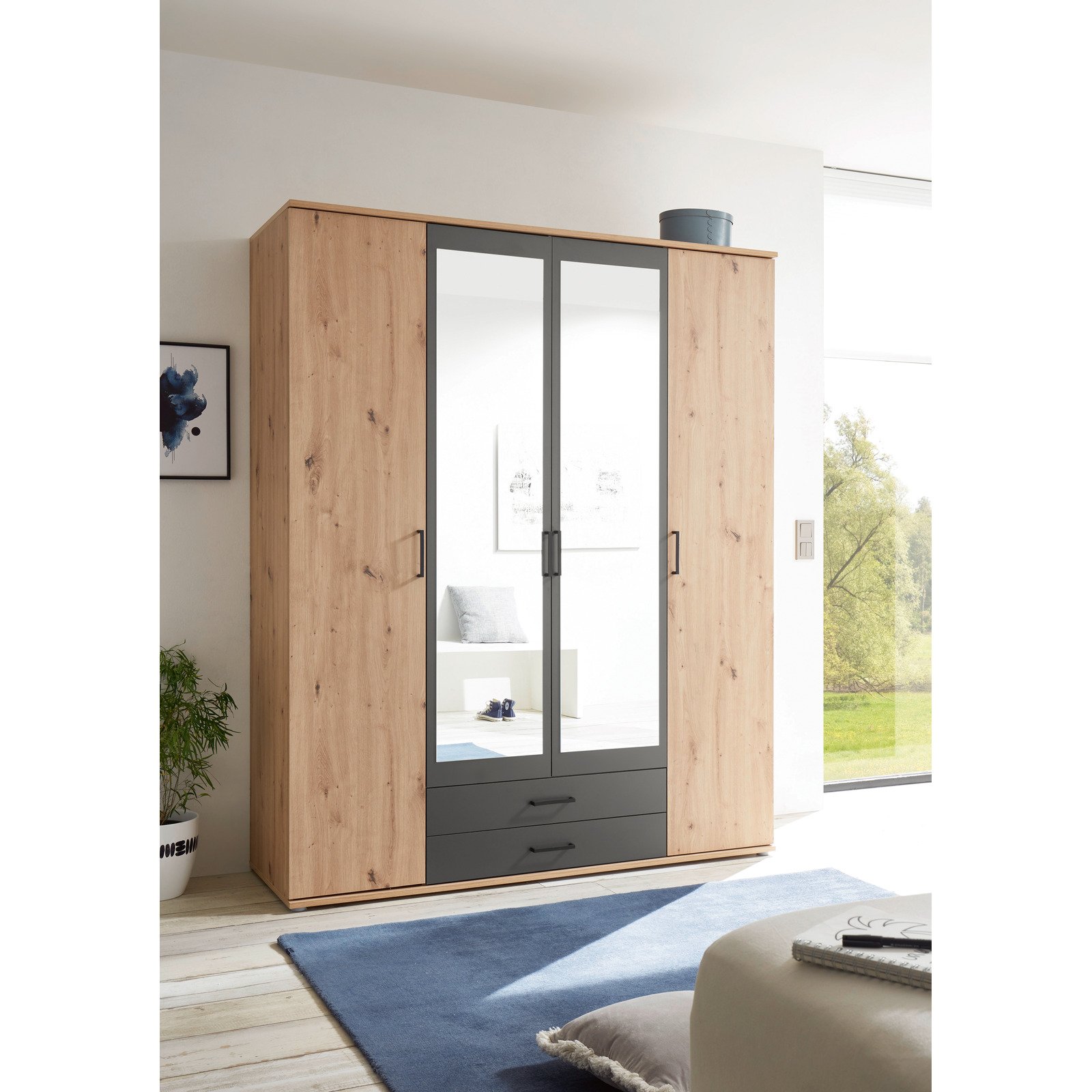 Drehtürenschrank Chicago Melamin Dekor Artisan/Anthrazit 160 x 97 x 54 cm, mit Spiegel