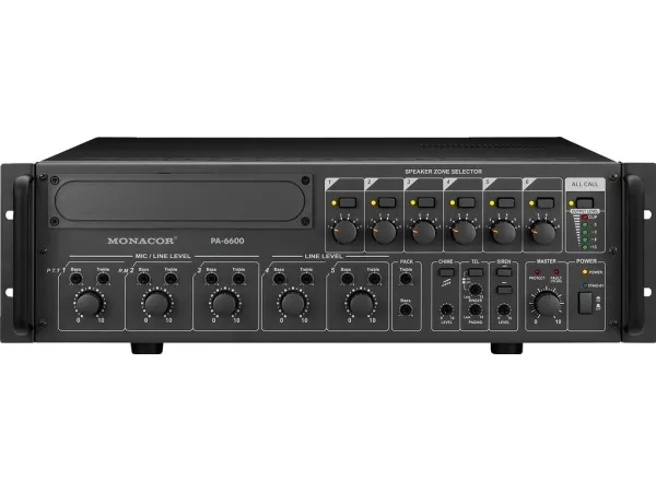 Monacor PA-6600, 5.0 kanaler, 850 W, 1%, 80 dB, 55 - 16000 Hz, Klemmeterminaler