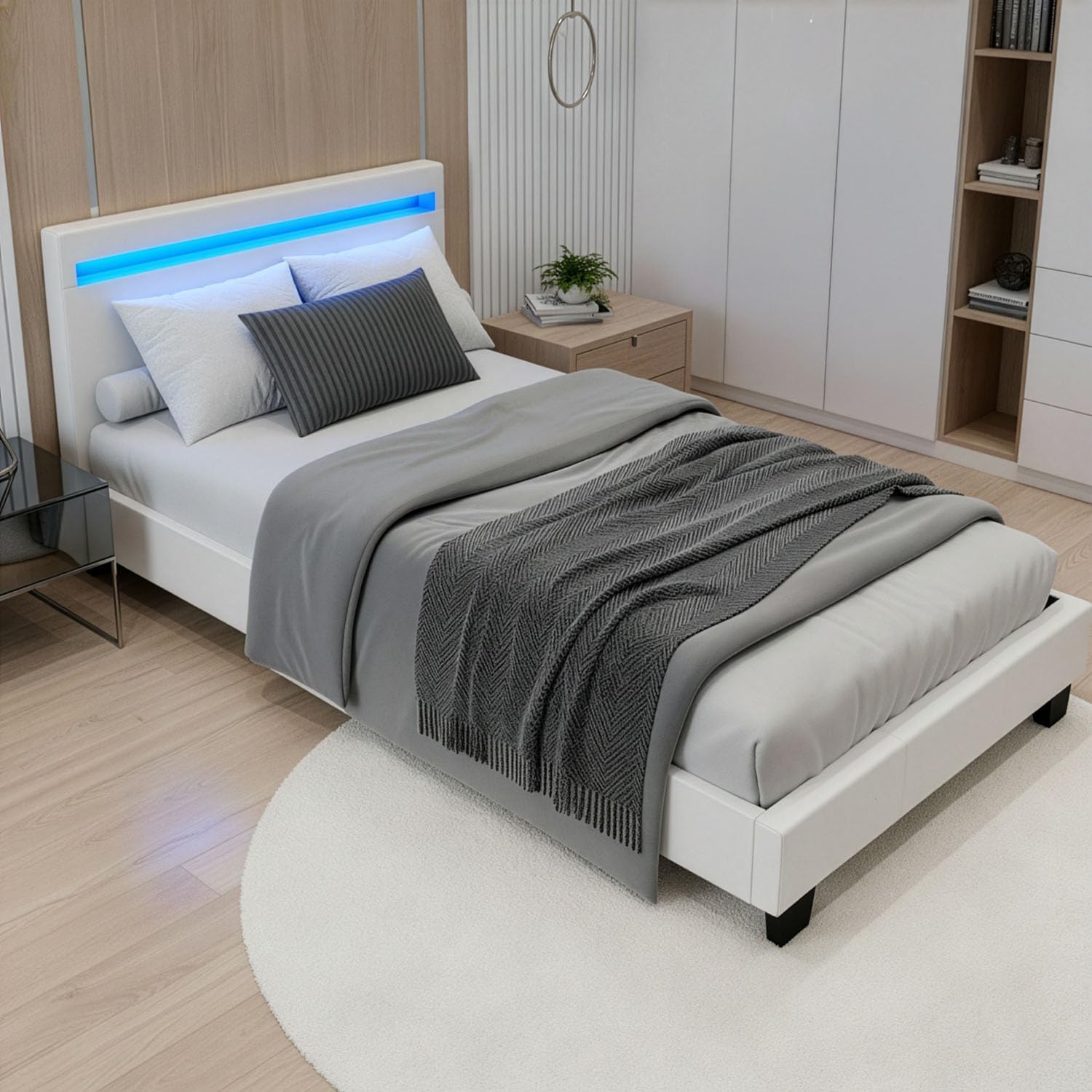 Juskys Polsterbett Paris 90x200 cm mit LED-Beleuchtung, Lattenrost & Kopfteil, Bett mit Gestell aus Holz & Kunstleder Bezug, weiß