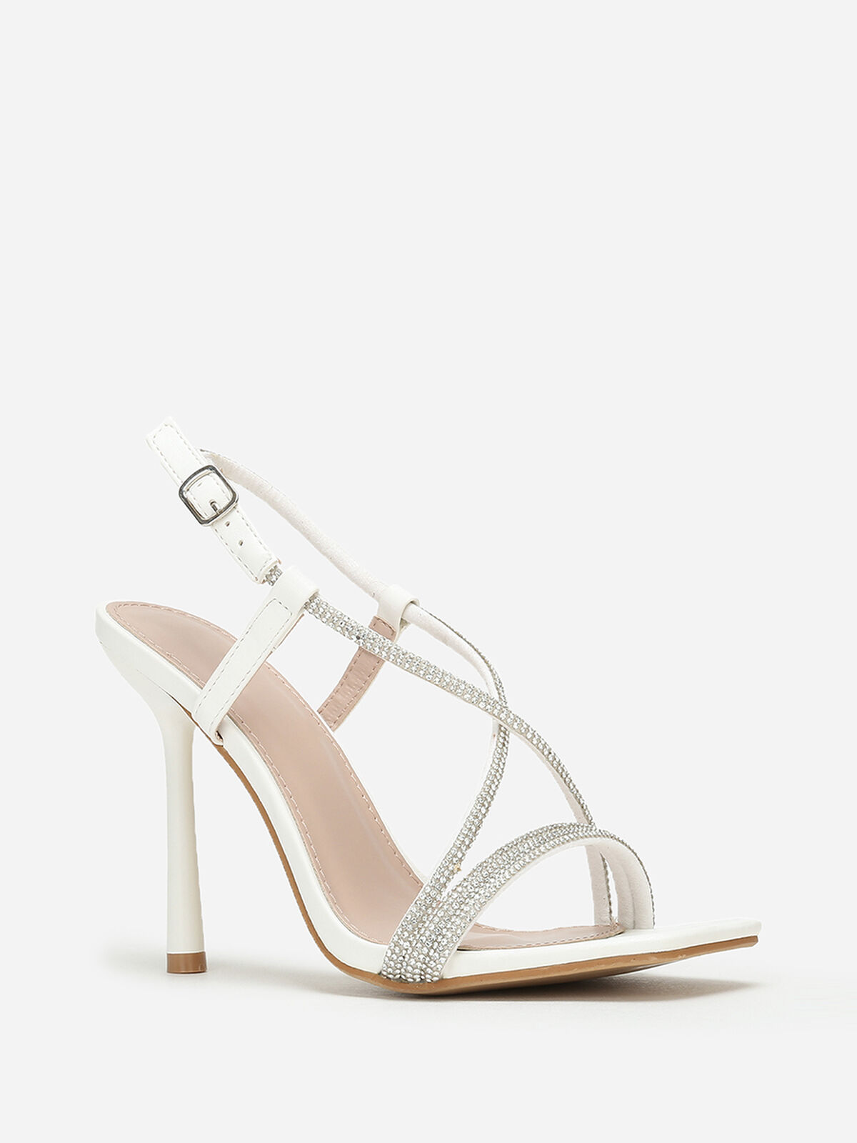 Sandales à talon fin et brides en strass- Blanc
