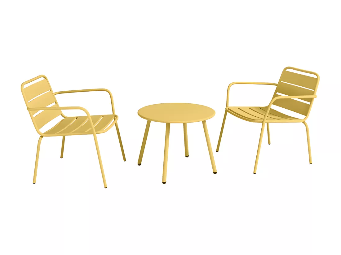 Salon de jardin en métal - 2 fauteuils bas empilables et une table d'appoint ronde - Jaune moutarde - MIRMANDE de MYLIA