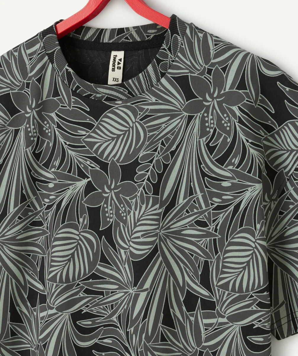 t-shirt garçon en coton bio gris imprimé feuilles