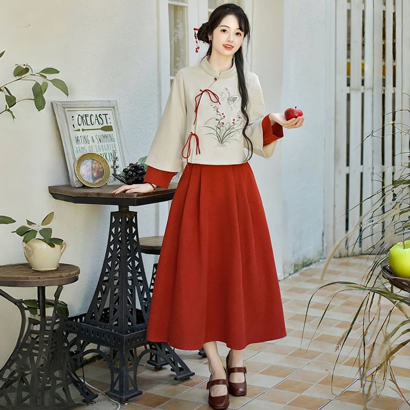 Girls Supply - Lange mouwen, mandarijnkraag, bloemenprint, nep-tweedelige top / hoge taille, effen geplooide midi-A-lijn rok
