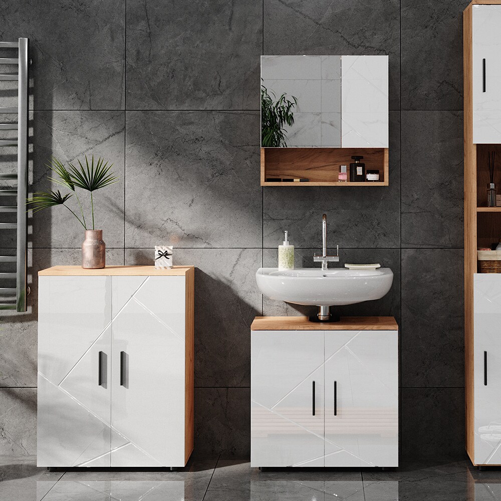 Vicco Badschrank Badezimmerkommode Badezimmermöbel Irma Eiche Weiß Hochglanz modern 60x81 cm Badezimmer Schrank Badmöbel 2 Türen 3 Fächer