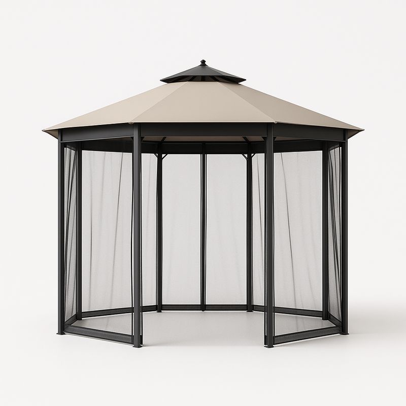 Sechseckiger Pavillon Stahlgestell Polyesterdach Beige 300 cm