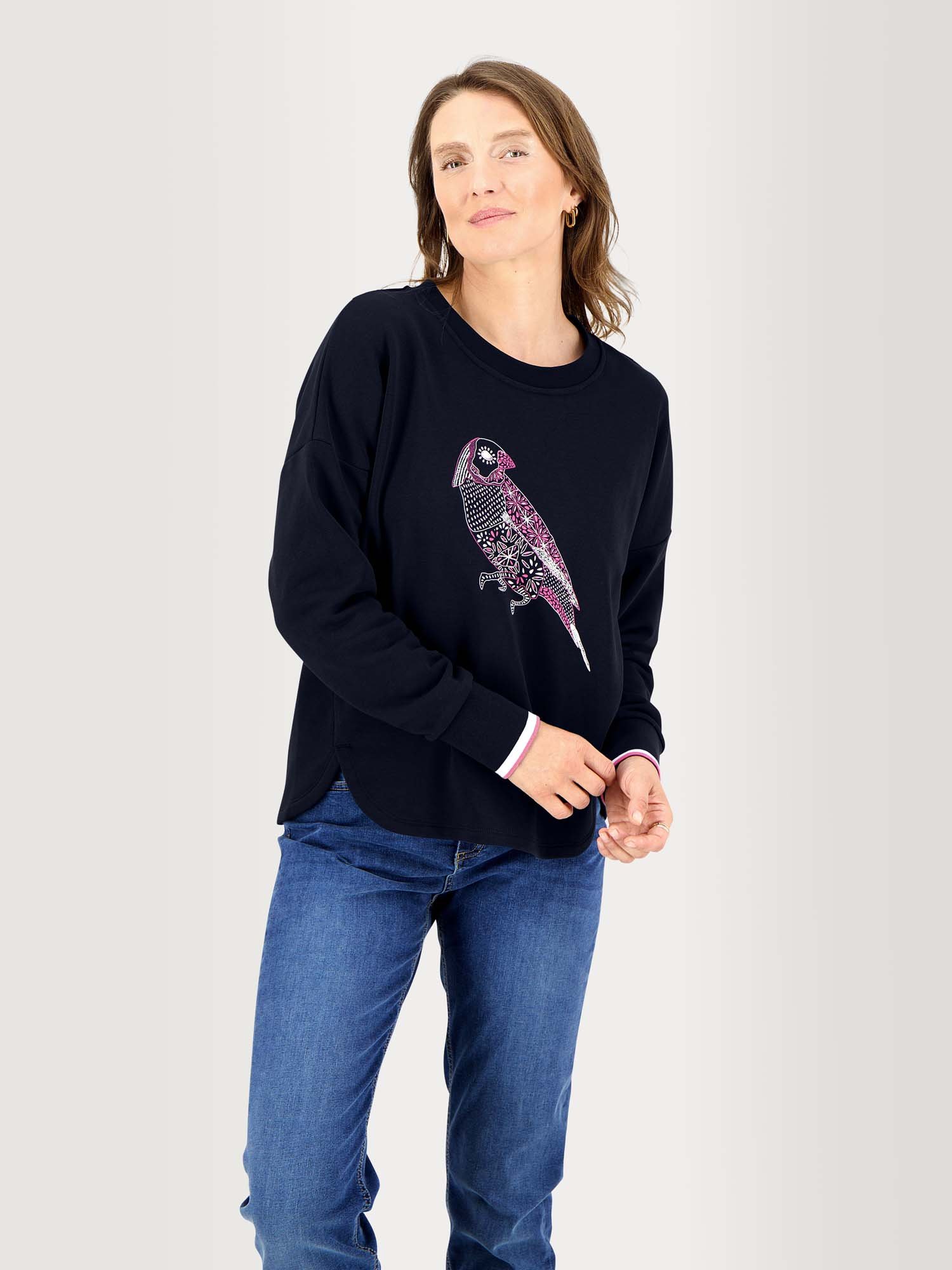 Sweat Femme Molleton Print Perroquet Marine