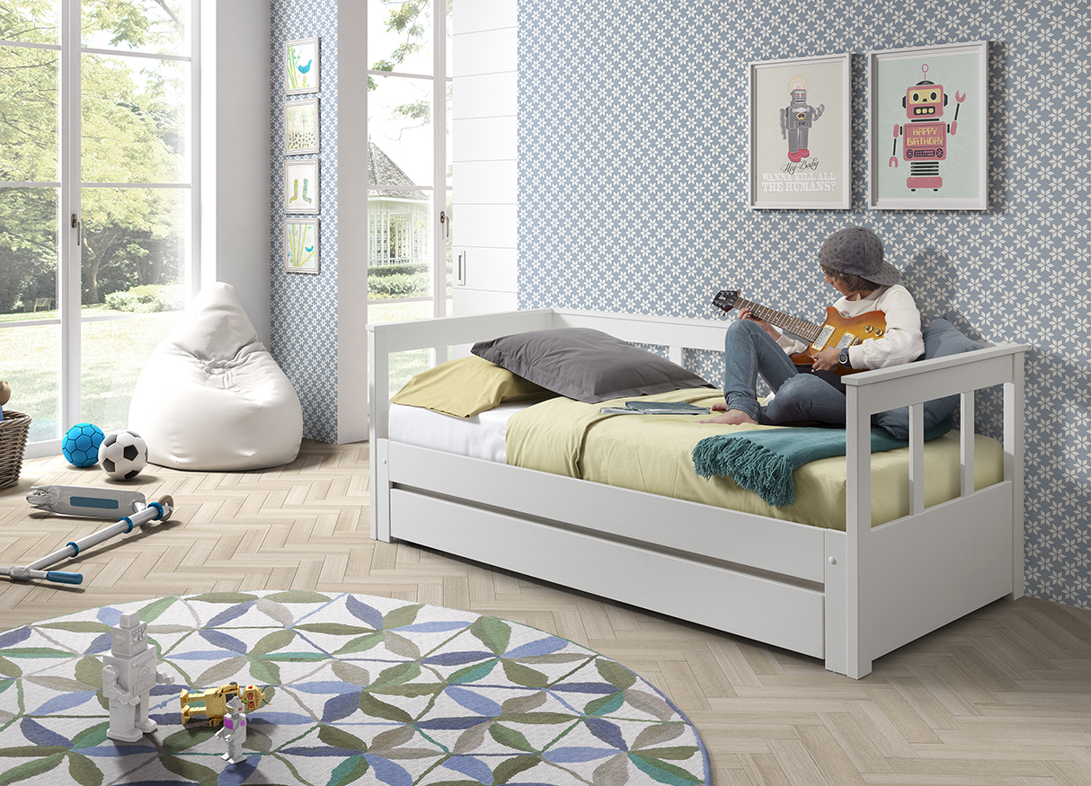 Funktionsbett PINO - weiß Kiefer massiv - mit Schubkasten - 90-180x200 cm