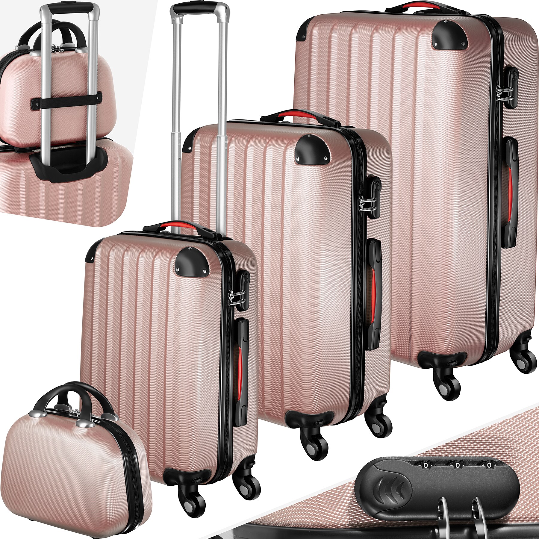 tectake® Hartschalenkoffer-Set, 4-teilig, 3 Trolleys und Beauty-Case aus robustem ABS-Kunststoff, abteilbarer Innenraum, mit Sicherheits-Zahlenschloss