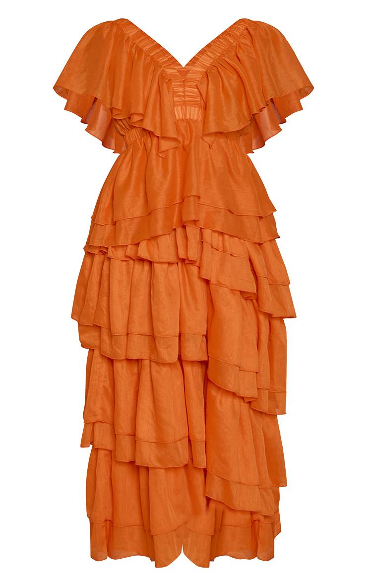 Orange Robe Maxi À Col V Plongeant Et Volants Superposés