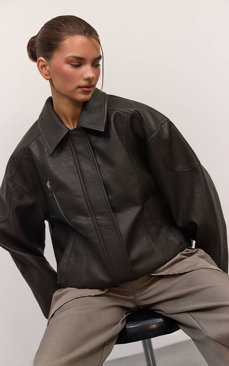 Kaki Veste Oversize En Synthétiquecuir À Patte De Boutonnage Dissimulée