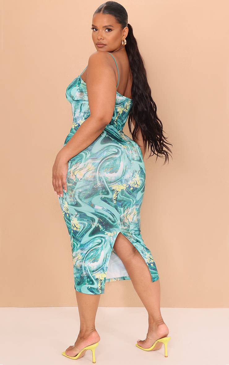Vert Robe Midi Grande Taille À Détail Bonnets Côtelée Froissée Imprimé Tourbillon