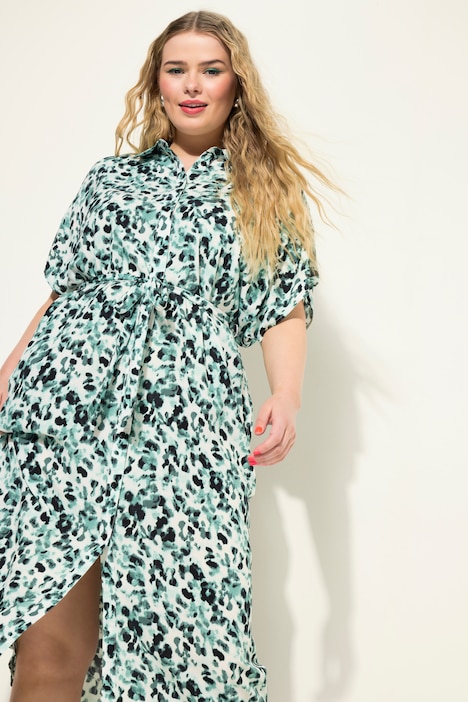 Hemdblusen-Midikleid, oversized, Allover-Print, Hemdkragen, Taillen-Bindegürtel