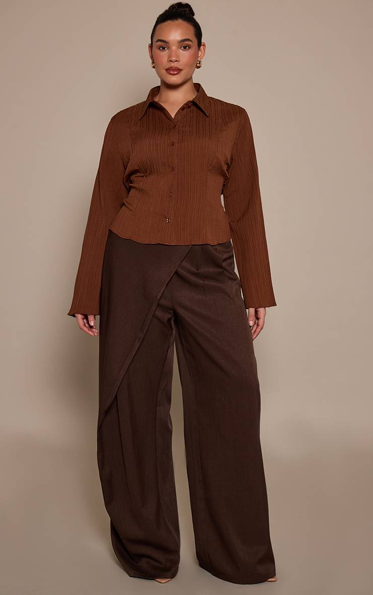 Marron Chemise Grande Taille En Satin Texturé Avec Nœud Au Dos
