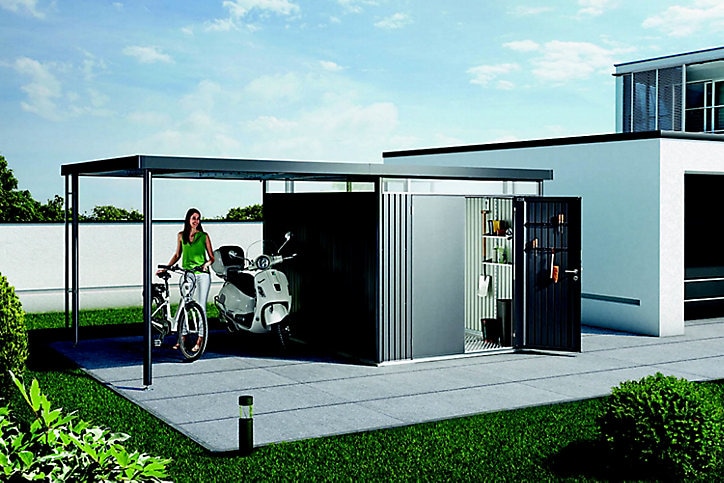 Auvent taille L Biohort en métal coloris gris foncé métallique pour abris de jardin série HighLine H2