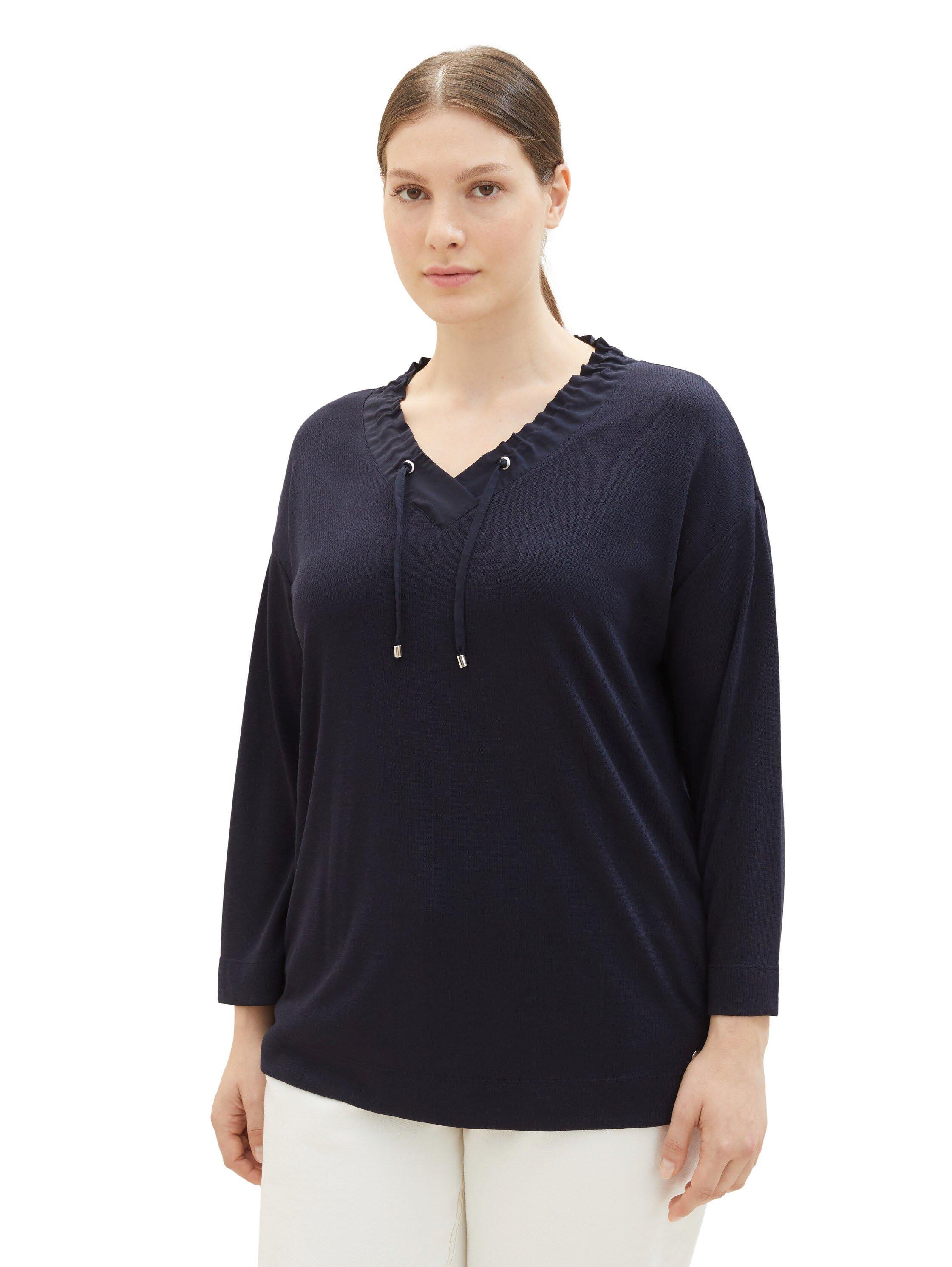 Langarmshirt mit gerüschtem V-Ausschnitt