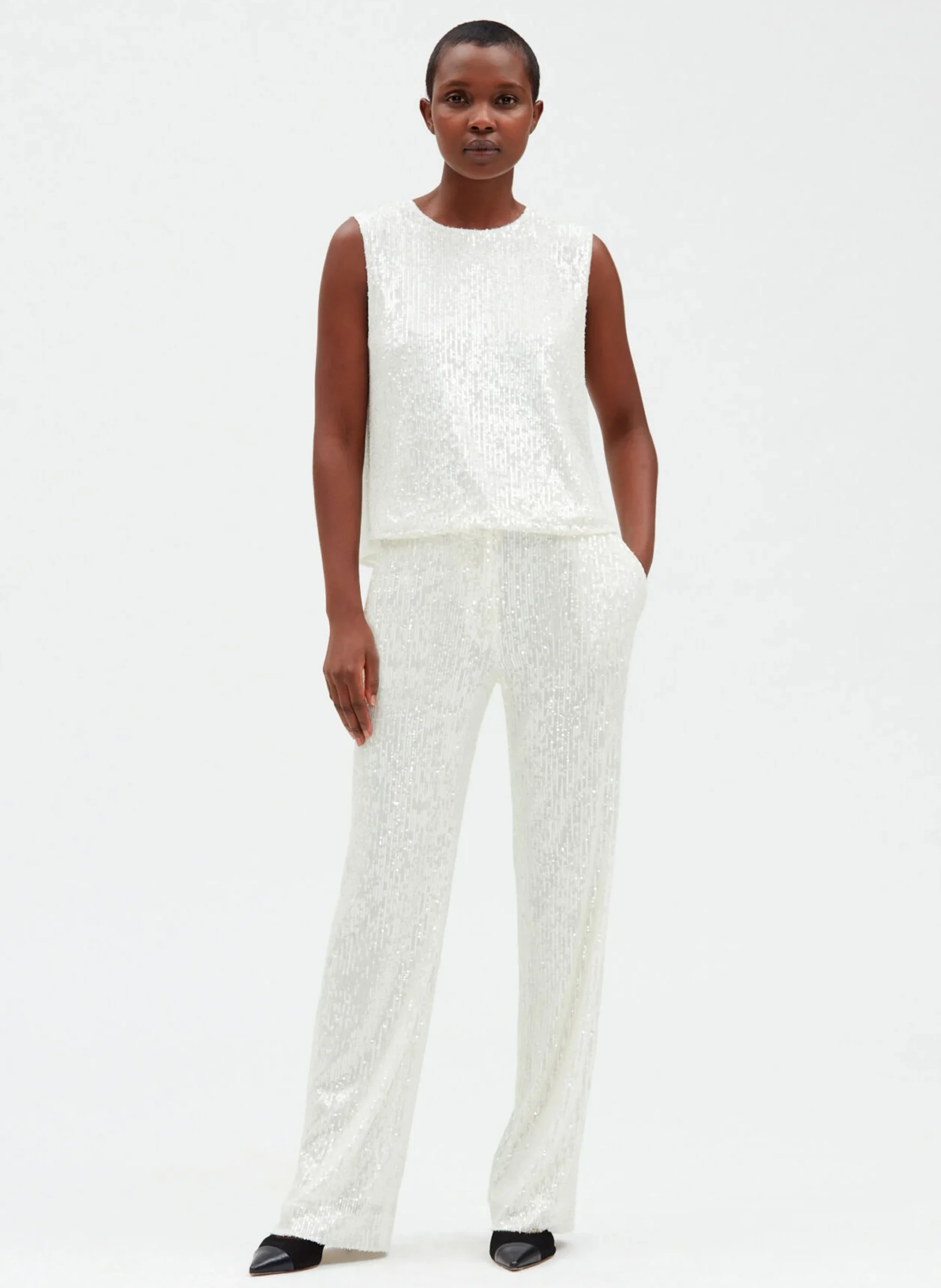 Pantalon large à sequins brodés | Blanc