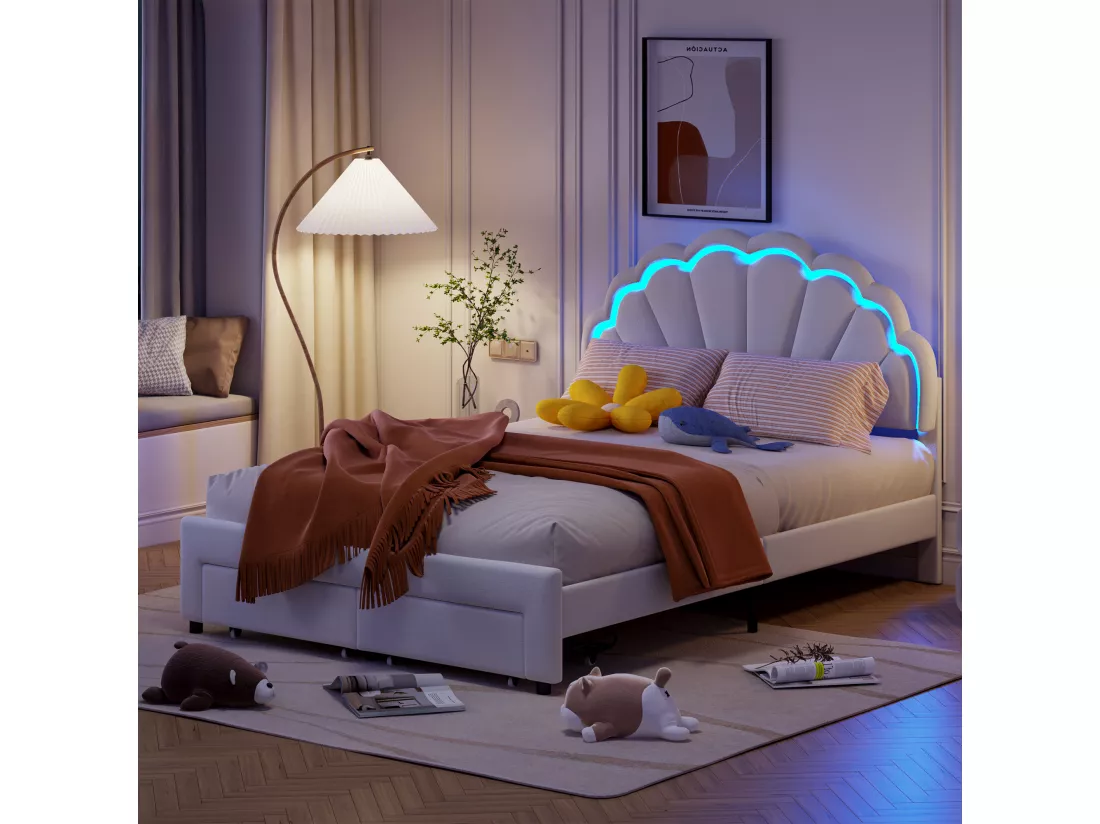 Lit double 140x200,lit double capitonné,2 tiroirs en bout de lit,tête de lit pétale,LED réglable,velours,blanc
