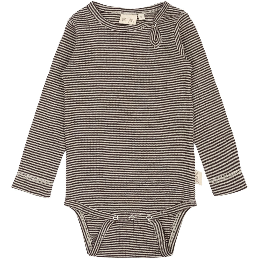 Køb Petit Piao Coffee Bean/Dark Off White PPDante Body L/S Merino Uld Striped