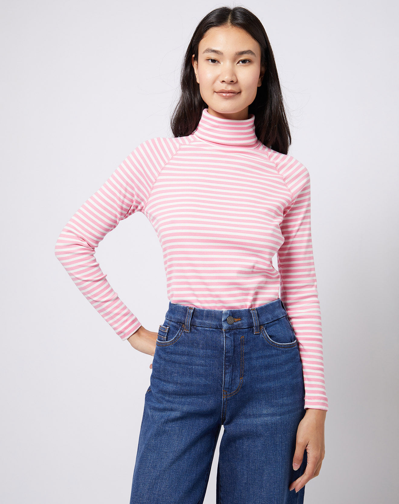 Esprit Sous-pull en Coton col roulé à rayures rose/blanc
