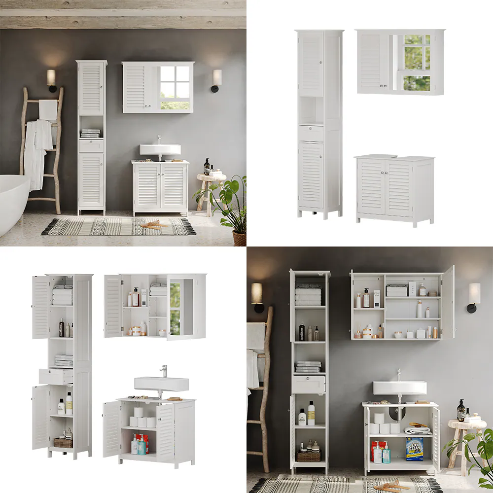 Vicco Badmöbel-Set Riad, Weiß, Badezimmer, moderne Badserie, Lamellen-Front, Waschtischunterschrank, Spiegelschrank, Hochschrank