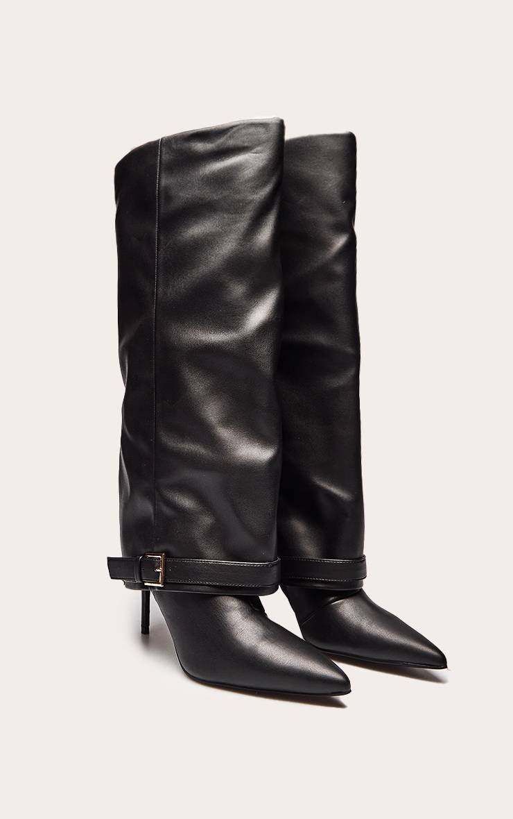 Noir Botte Haute À Talon Avec Revers Et Détails De Boucles
