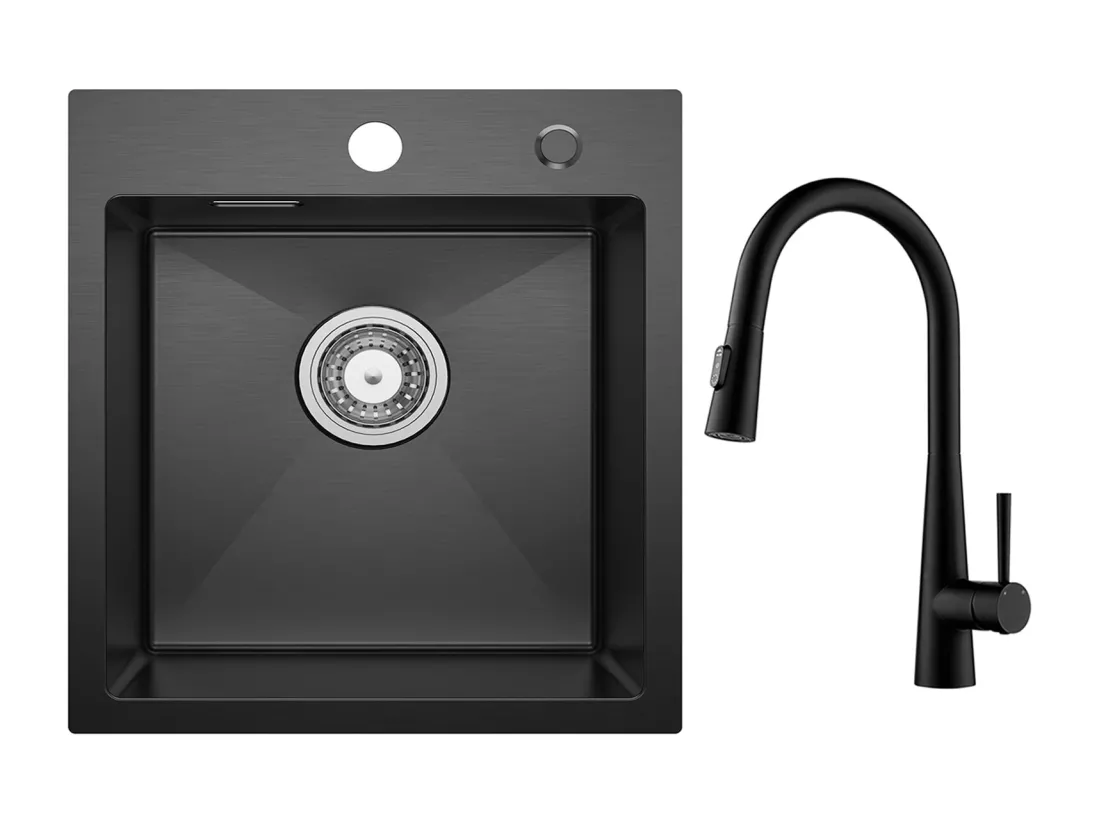Cecipa max Evier de Cuisine Noir 40*45CM - Évier Inox Évier 1 Bac + Mitigeur de Cuisine avec Douchette Extractible, 3 Modes de Sortie D'eau, Noir