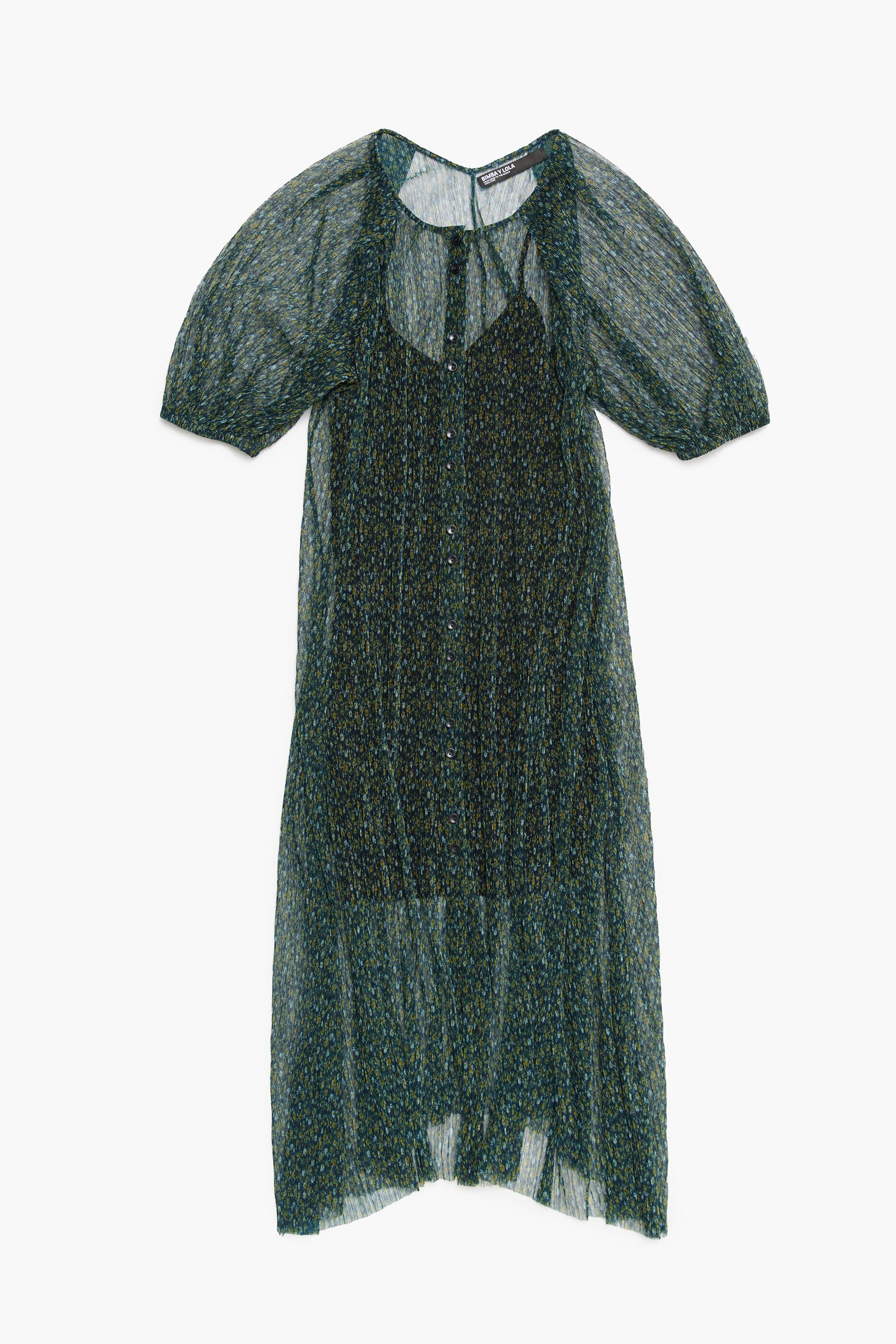 Vestido midi com estampa de flores românticas verdes