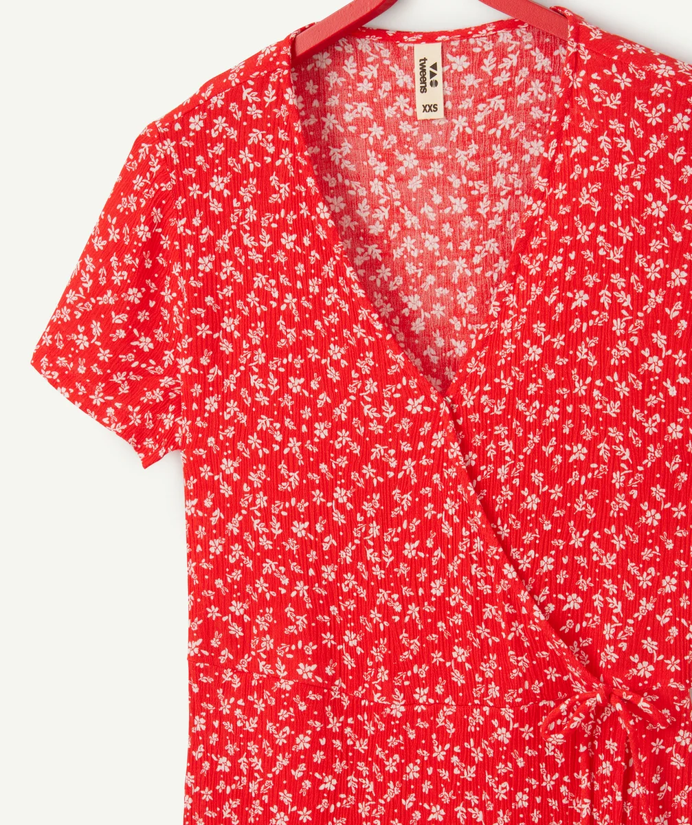 robe cache-coeur fille en viscose responsable rouge imprimé à fleurs