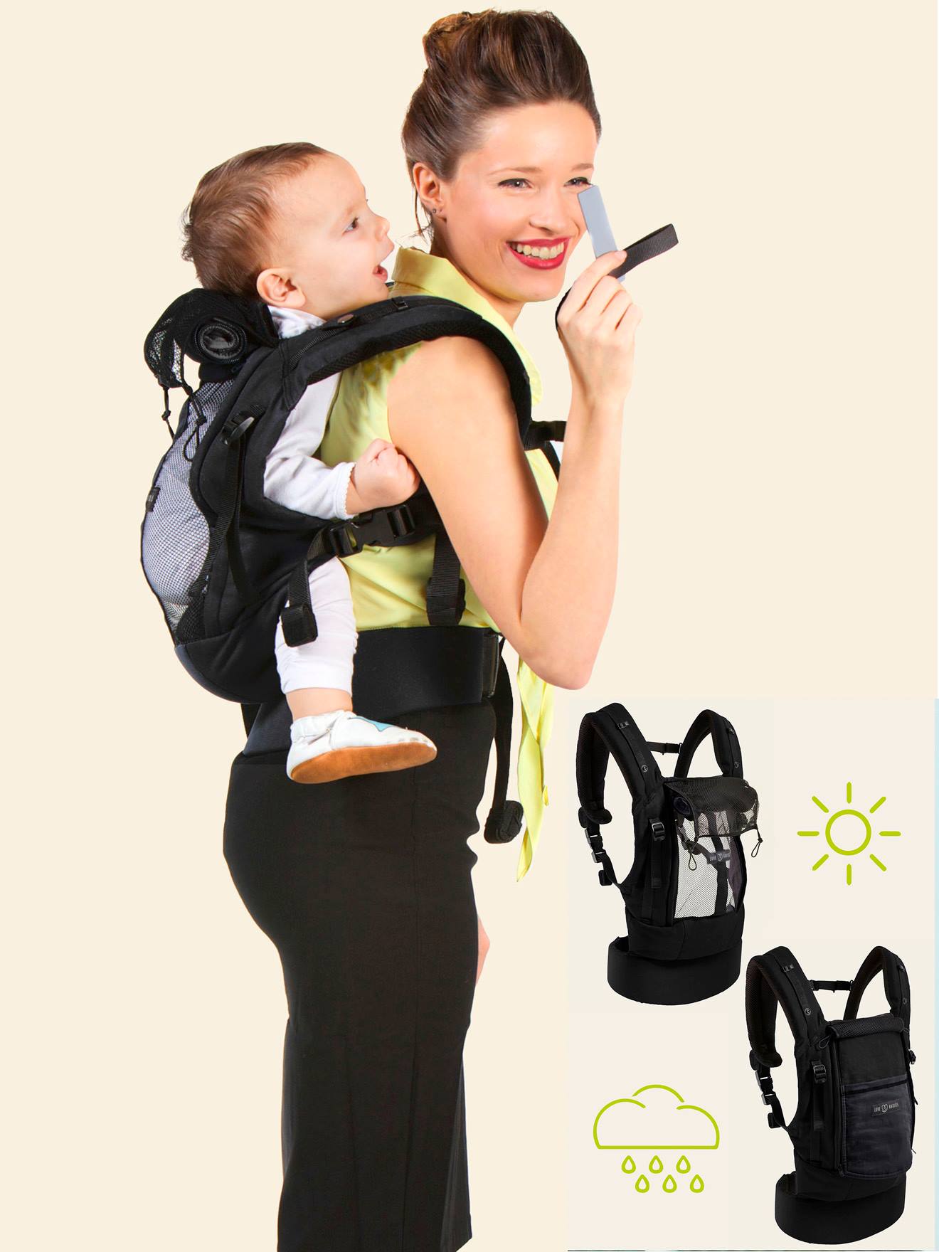 Conjunto de canguru para bebê + assento elevatório + apoio de cabeça PhysioCarrier LOVE RADIUS da JE PORTE MON BEBE, preto escuro liso
