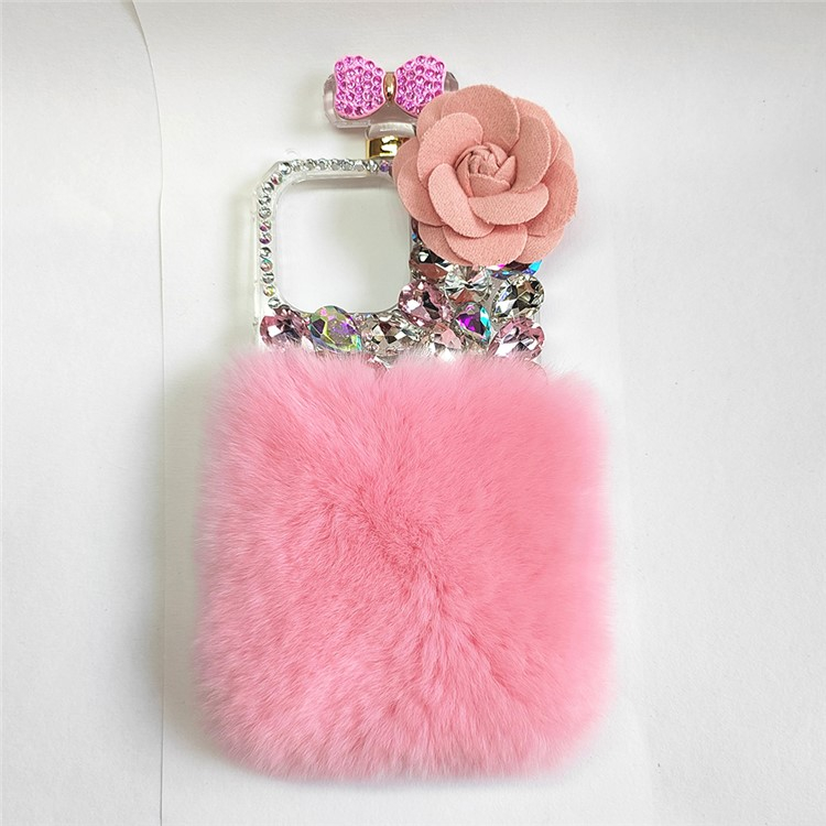 iPhone 15 Gummi Plüsch Case Hülle mit Glitzersteinen - Rosa