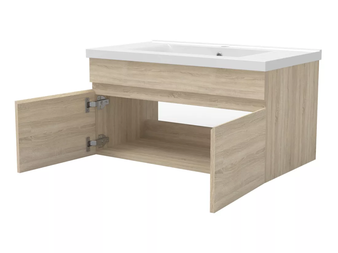 Ensemble Salle De Bain 80cm meuble Chêne Wotan avec colonne et miroir lumineux, Aica