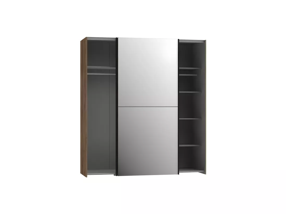 Armoire 2 portes coulissantes 5 tablettes décor chêne miroir - JEIK