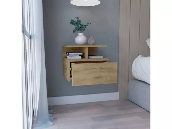 Table de chevet flottante Augusta avec deux tablettes ouvertes et un tiroir sur rail métallique , 29.5 cm X 35.6 cm X 33.6 cm , Macadamia