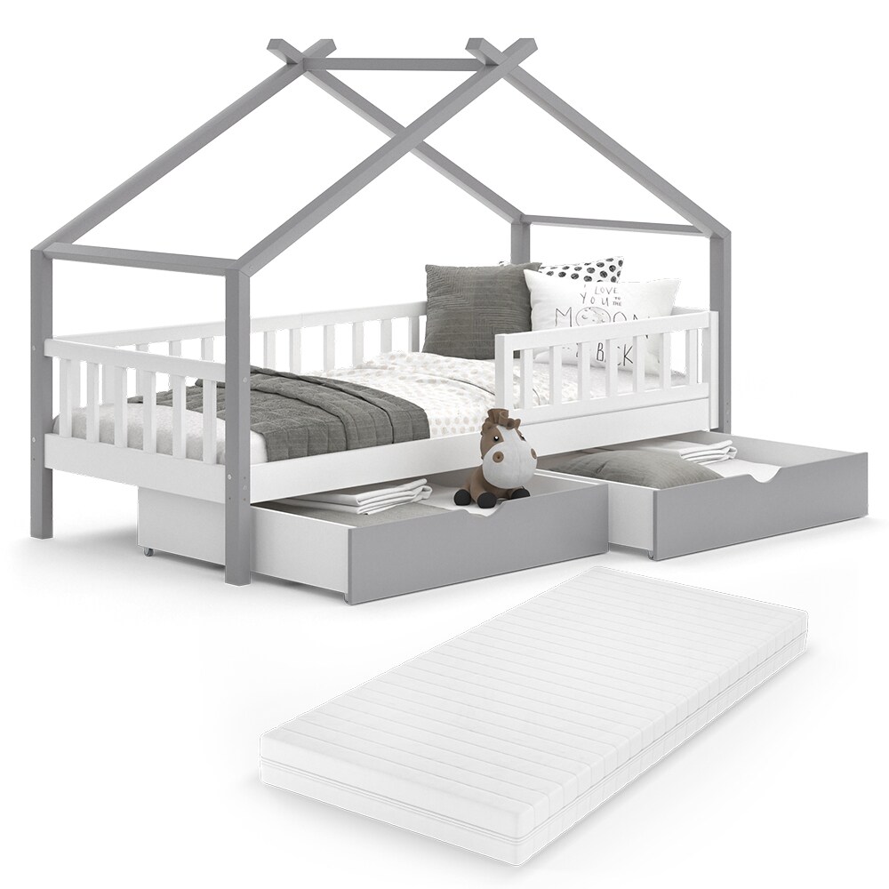 VitaliSpa Kinderbett Hausbett Einzelbett Design Weiß Grau modern 90x200 cm Kinderzimmer Bett Massivholz Lattenrost Schublade Rausfallschutz Schubladenbett Matratze