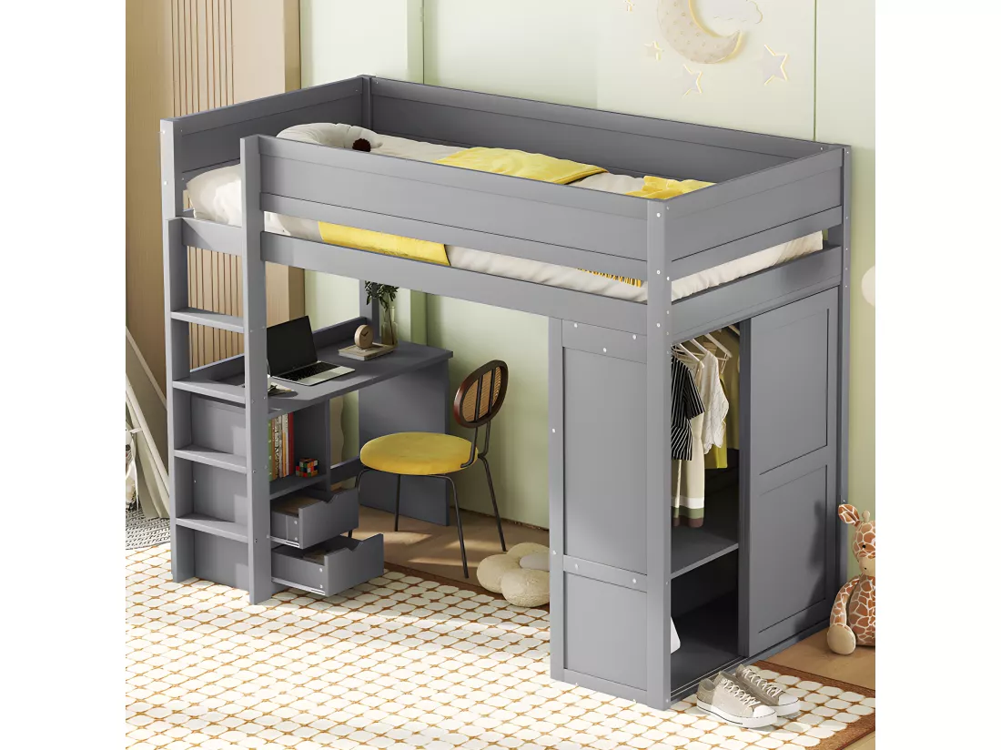 Lit mezzanine 90x200cm - lit enfant multifonctionnel - équipé d'une armoire et un bureau - en pin massif - Gris