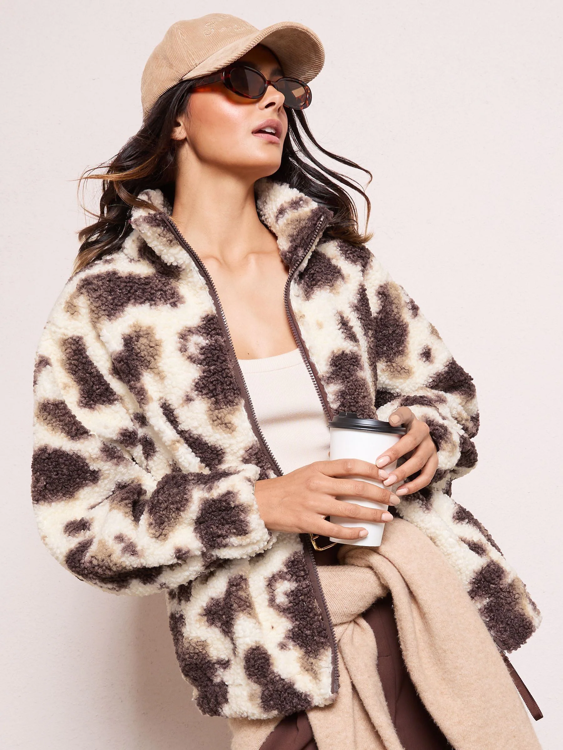 Friends Like These Cow Print Full Zip Borg Jacket