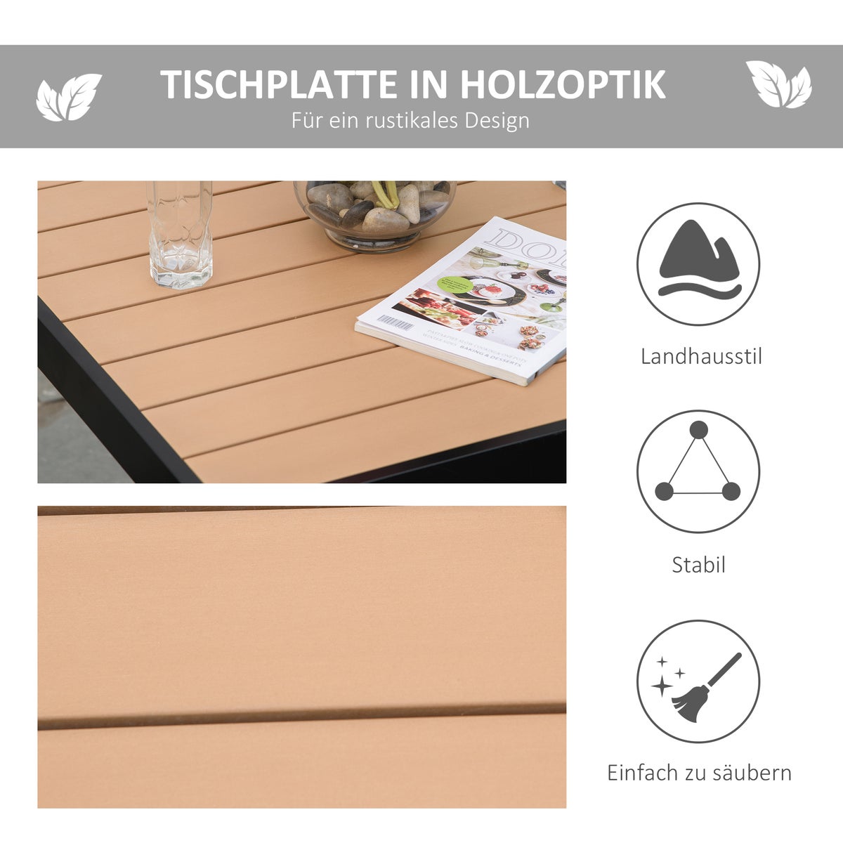 Outsunny tuintafel voor 4 personen, eettafel, 78 x 78 x 74 cm, kunststof, naturel+zwart